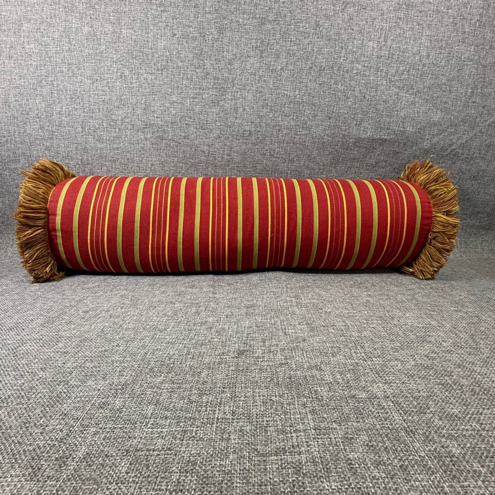 VTG Bolster Pillow Striped Floral Brush Fringe Tassel Red Green Yellow Max 27"
